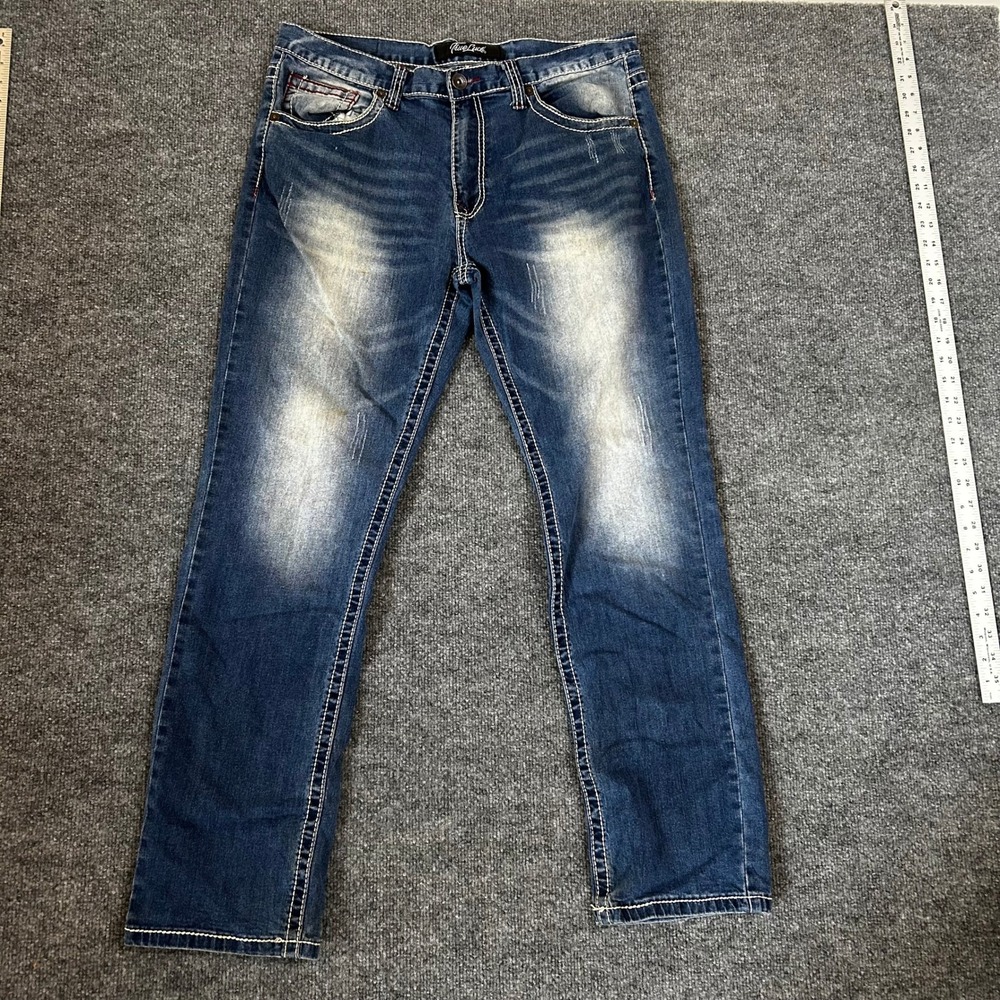 True Luck Jeans Mens Size 36/32 Blue Straight Leg Stitch Distressed Denim